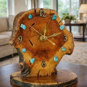 Artisan Live Edge Wood Clock with Turquoise Inlays